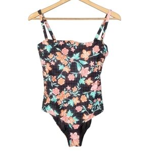 Sea Level Swim Bandeau One-Piece Swimsuit Size 10 Black Floral Hawaiian